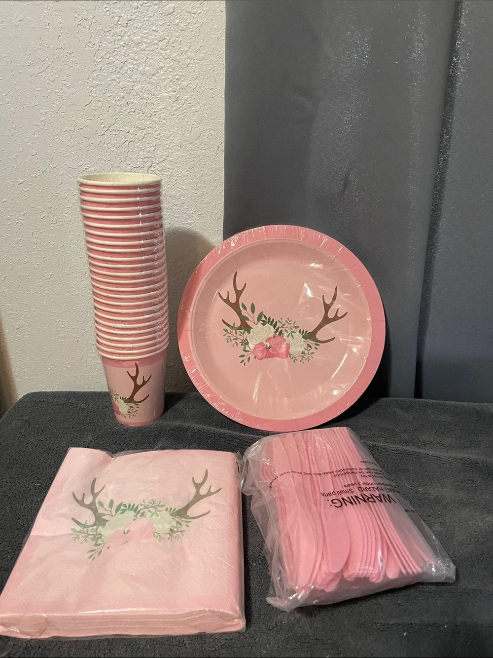 Pink Antlers elk  Roses Party Plate and Napkin Set